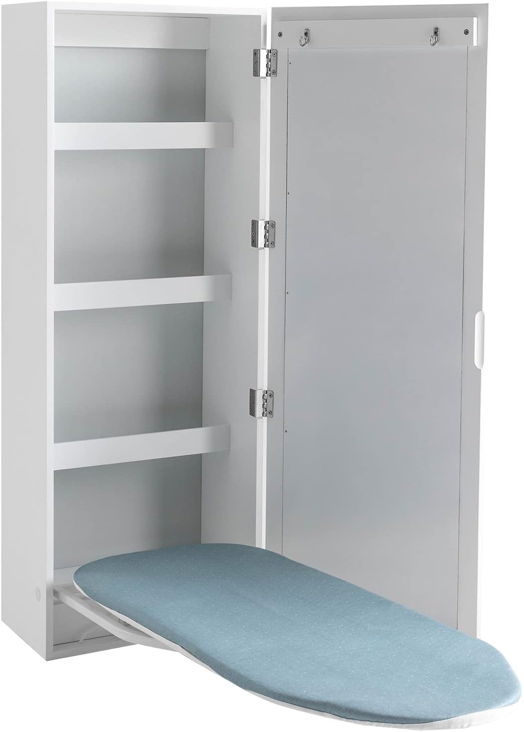 Folding Ironing Board Wall Mounted Ironing Board Cabinet, 180° Rotating Built-in Ironing Board 22 Lbs Load-Bearing Capacity with 4 Storage Shelves and 2 Hanging Hooks