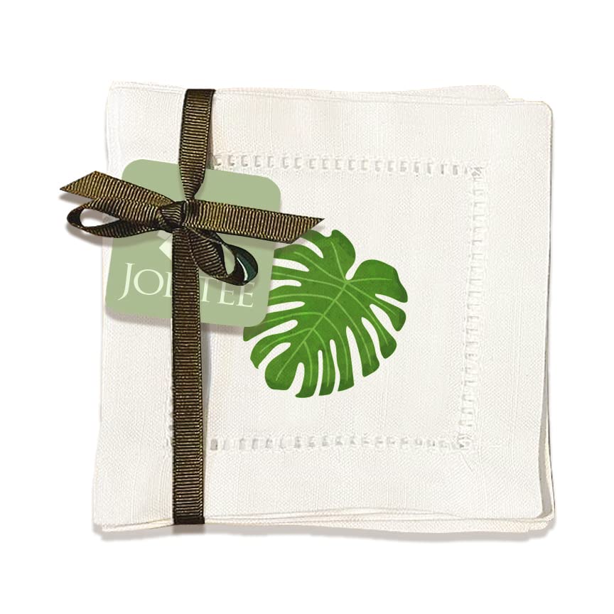 Jolitee Linen Cocktail Napkins 6x6, Hemstitch Cocktail Napkins Coasters, Washable Cloth Napkins Decorative (Monstera)