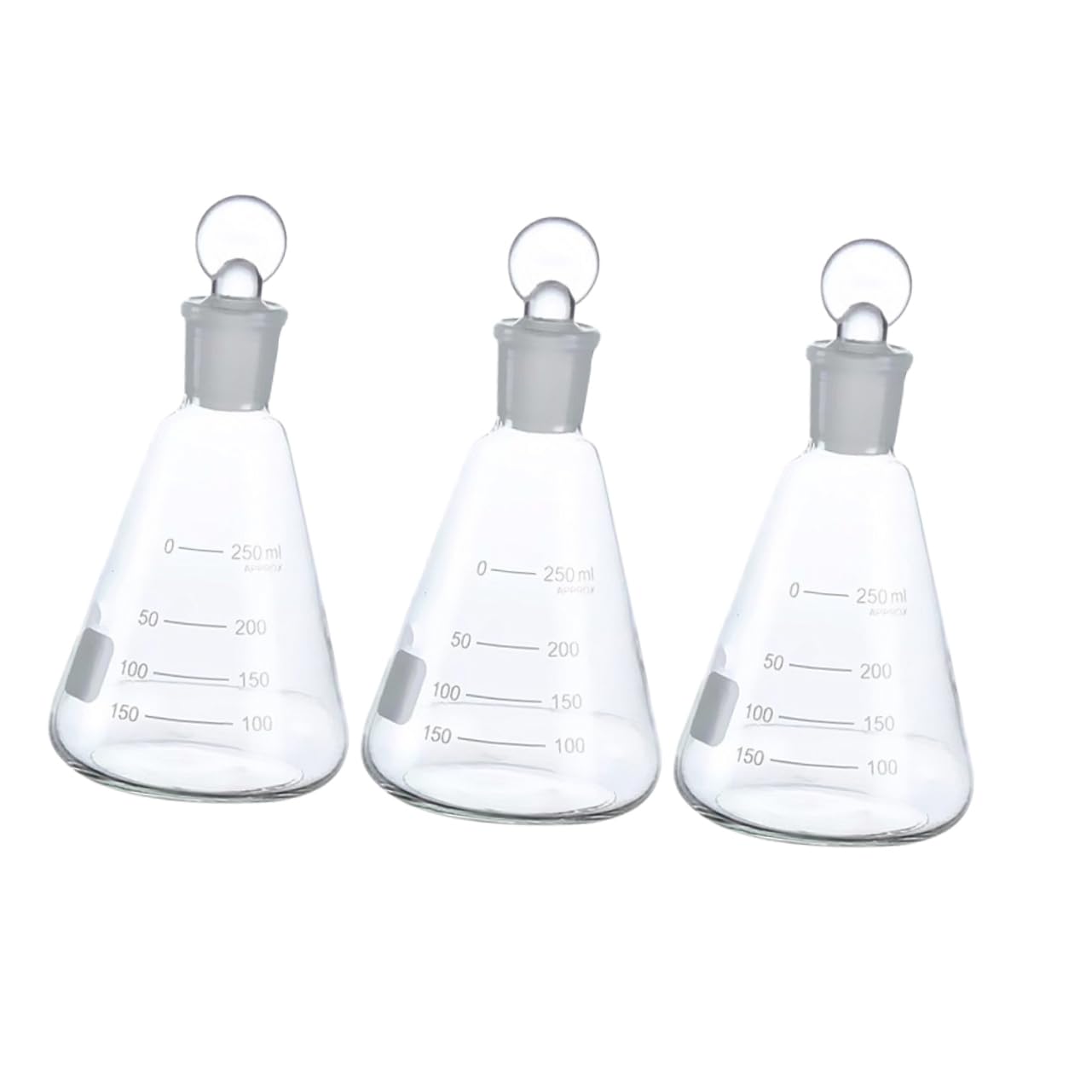Set 3 Pezzi Beuta Conica in Vetro 250ml con Tappo Sughero, Vetreria da Laboratorio per Esperimenti di Chimica in Classe, Bottiglia Liscia e Inodore