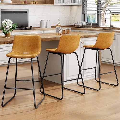 Image of REONEY Bar Stools Set of 4, 26 inch Faux Leather Counter Height Stools, Brown