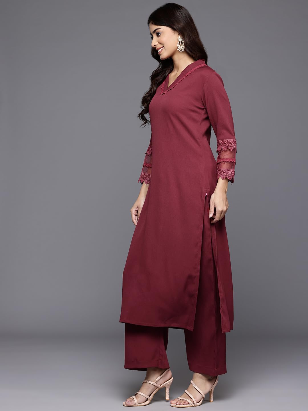 Varanga Women Maroon V Neck Three Quarter Sleeves Cotton Lace Straight Kurta With Tonal Bottom - Casual Ethnic Suit Set For Women (Large)