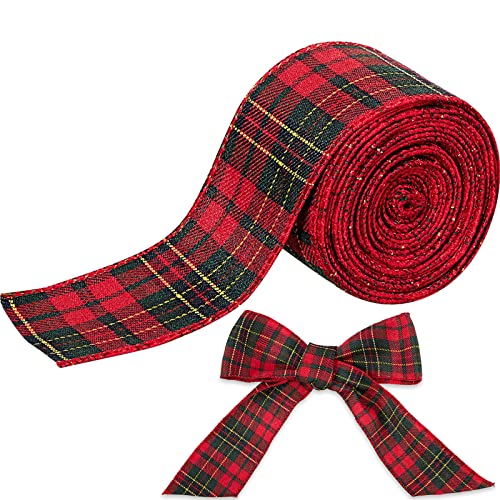 Nastro scozzese natalizio con bufalo natalizio, con bordo metallico, rotolo di nastro scozzese rosso e verde per archi, ghirlande fai da te, vacanze, decorazioni da imballaggio (6.5 pollici)