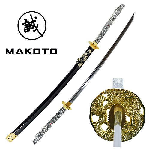 MAKOTO Handmade Sharp Katana Samurai Sword 42" Full Size Black - Detailed Dragon