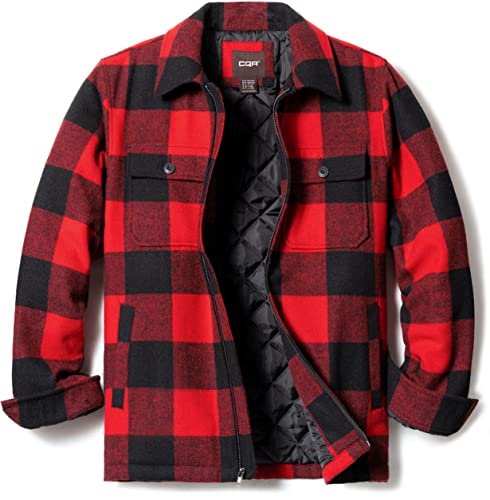 CQR Men's Flannel Shirt Jacket Long Sleeve, Winter Warm Outdoor Casual Plaid Jacket Coat with Pockets, Wool Plaid Buffalo Red Plaid, XX-Large