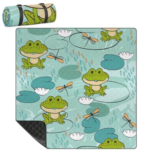 Shimoshe Extra Large Picnic Blankets 79”x 79”, Dragonfly Lotus Leaf Frog Waterproof Foldable Picnic Mat with Straps Portable Beach Blanket for Camping Park Grass Beach Indoor