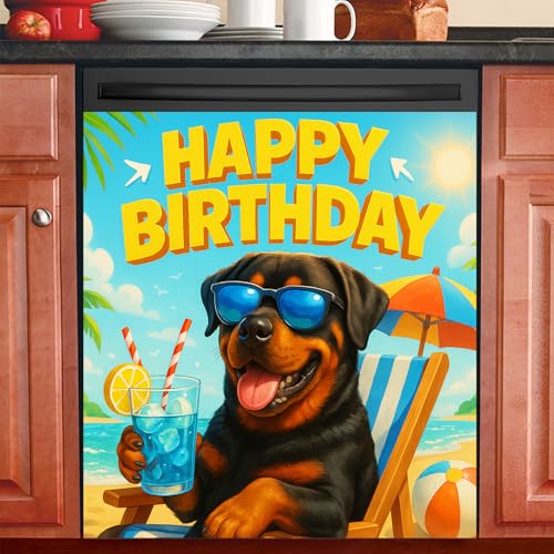 Image of HOMETITUTE Happy Birthday Dishwasher Magnet Cover 23x26 in Dog Beach Theme Dishwasher Magnet Cover for Kitchen Appliance Decoration Front Panel Sticker Rustic Art Skin Panel Home Decor Decal