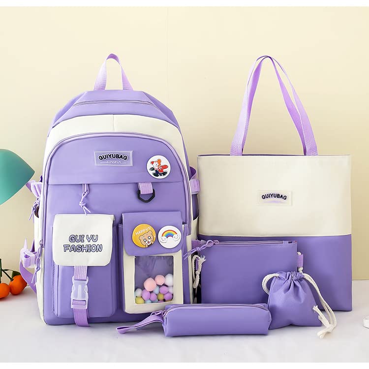 Juego de 5 bolsas escolares Kawaii con bolsa de almuerzo colgante, estuche para lápices, bolso de mano, monedero para adolescentes, mochila escolar, Púrpura