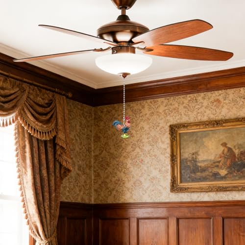 Image of Rooster Ceiling Fan Pull Chain, 14in Chicken Farm Animal String Pulls Charm Extension Decorative, 3mm Beaded Lamp Chains Extender Ornaments with Connector for Kids Room