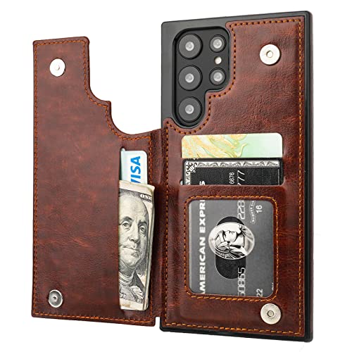 ONETOP for Samsung Galaxy S22 Ultra Wallet Case with Card Holder,Brown