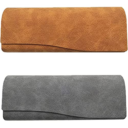 Estuche de Anteojos de Cuero, 2 Piezas Gafas Funda Protectora Case, Estuche para Gafas Cuero, Fundas de Gafas, Eyeglass Case, Funda Gafas Rigida para Mujeres, Hombres, Niños(Gris, Amarillo)