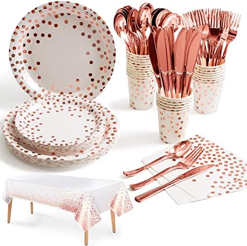 Nkaiso Party Tableware Pink Gold 141 Pieces Paper Tableware Set Includes Paper Plates Napkins Cups Knives Forks Spoons for Wedding Shower Engagement Wedding Birthday (20 Guests)
