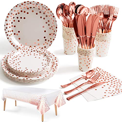 Nkaiso 141pcs Rose Or Party Vaisselle,Kit Vaisselles Anniversaire Assiette Dîner Papier Tasse Serviette, Enfants Party Fête Mariages Baby Shower Noël, 20 invités