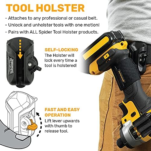 Spider Tool Holster Set - Self Locking, Quick Draw Belt Holster Clip + Elastic Tool Grip - Improve The Way You Carry Your Power Drill, Driver, Multitool, Pneumatic, Flashlight, Hammer, Saw and More!