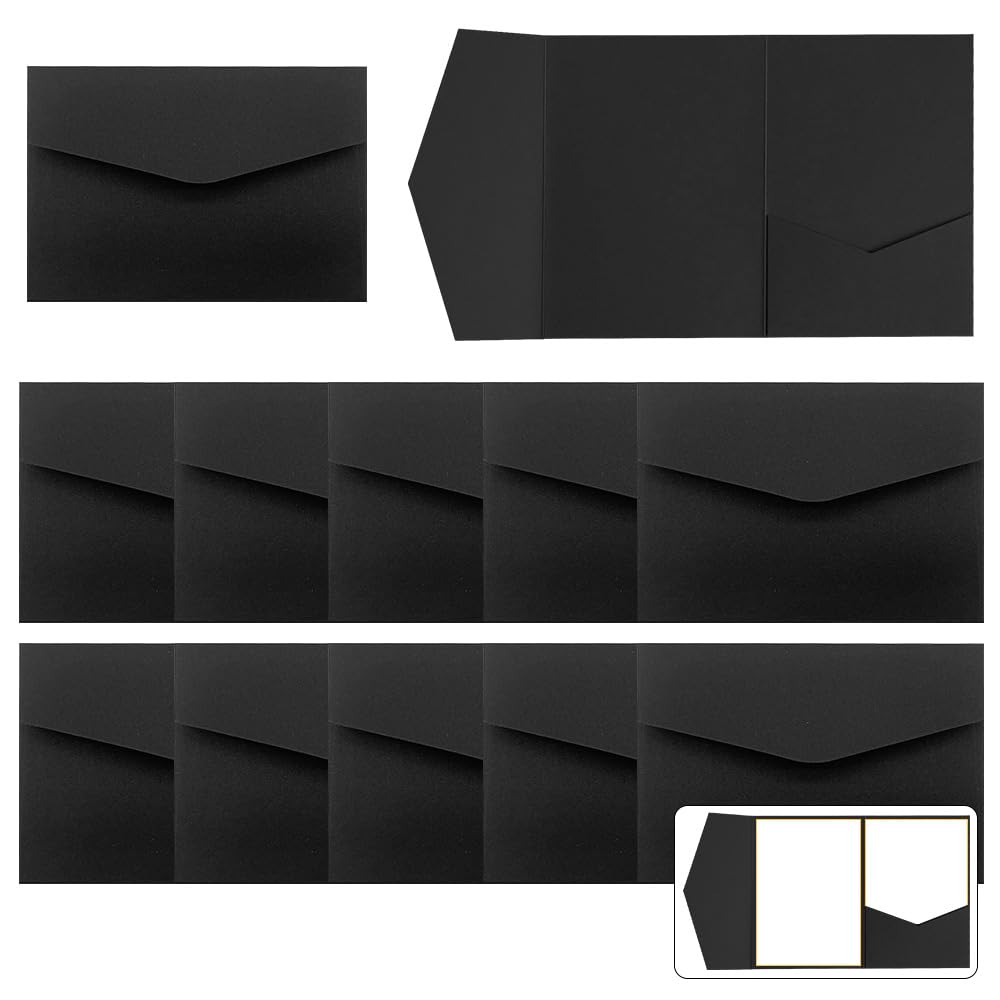 WYAN Pack of 12 Black Envelope, Wedding Invitation Card Pocket with Envelop, Tri-fold Wedding Invitation for Wedding Cards Bridal Shower Engagement Birthday Graduation Business Invitations