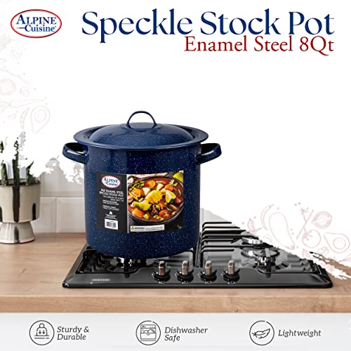 Alpine Cuisine Enamel Steel Dark Blue Speckle Stock Pot 8-Qt With Lid, Healthy Cookware Commercial Grade Stockpots, Multi Cooking Pot For Stew, Sauce & Reheat Food, Compatible For Family Meals #TOP2