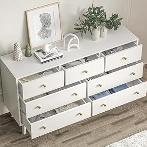 55 White Dresser 7 Drawer Dresser for Bedroom with Wide Drawers and Gold Knobs Wood Dressers Chests of Drawers