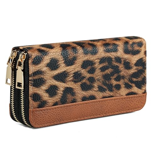 KAROMUS Womens Cheetah Print Wallet Leopard Western Large Capacity Purse 2 Zippers Card Cases Money Organizers for Ladies (Leopard Brown)