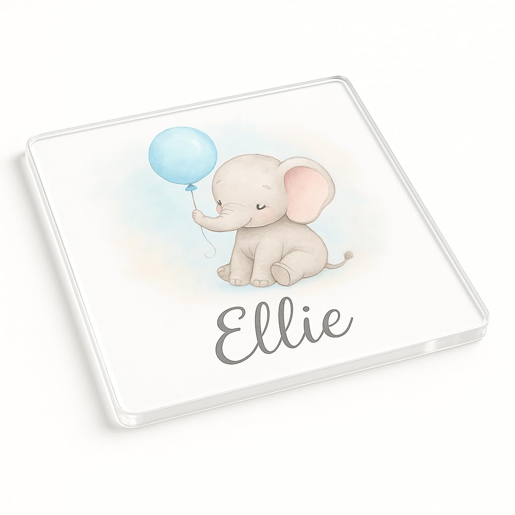 The Plum Penguin Elephant Dreams Personalised Name Acrylic Coaster Gift With Whimsical Baby Elephant Design - Enchanting Kids Party Favor For Delightful Celebrations