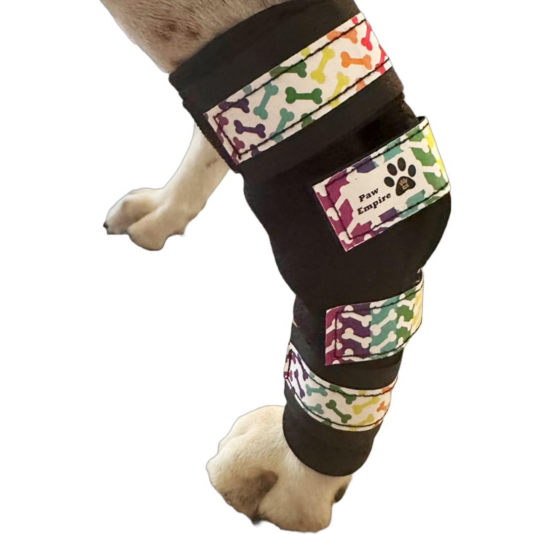 Pair of Dog Leg Braces, Ultra Supportive, Comfortable, Dual Metal Springs, Canine Hock Brace for Joint Arthritis, Assists Injury &amp; Sprains (Rainbow Dog Bone Background, Large)