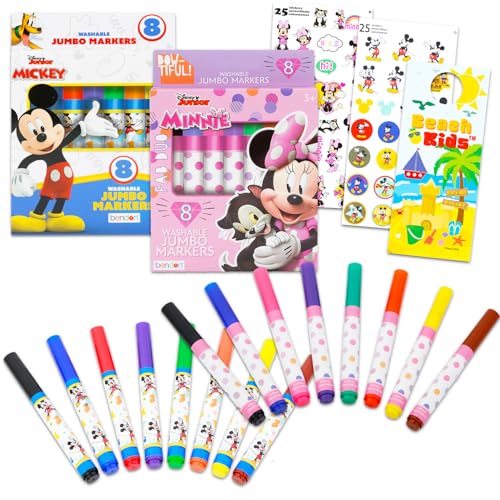 Disney Mickey and Minnie Mouse Coloring Set - 16 Pc Drawing Supplies Bundle with 8 Minnie Fine Tip Markers and 8 Mickey Fine Tip Markers Plus Stickers...