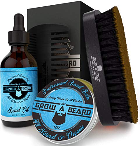 Beard Brush, Oil, Balm, & Comb Grooming Kit for Men's Care, Travel Bamboo Facial Hair Set for Growth, Styling, Shine & Softness, Great Christmas Gifts for Him - 1oz, Blue Color, Cologne Scent