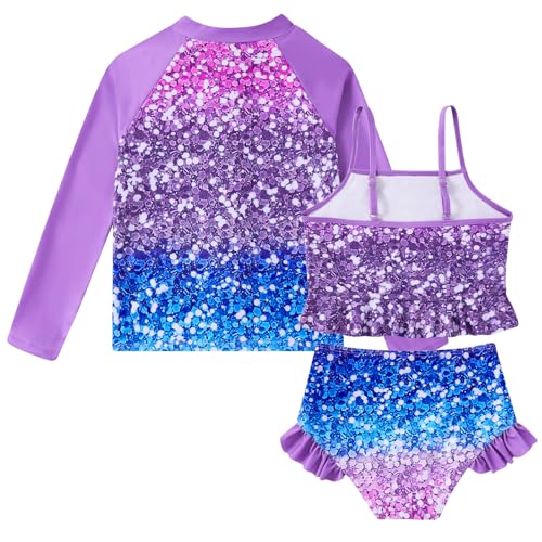 Image of Funnycokid Girls Swimsuit Kids Bathing Suit Rashguard Swimwear Long Sleeve 3 Piece Toddler 3-7 Years