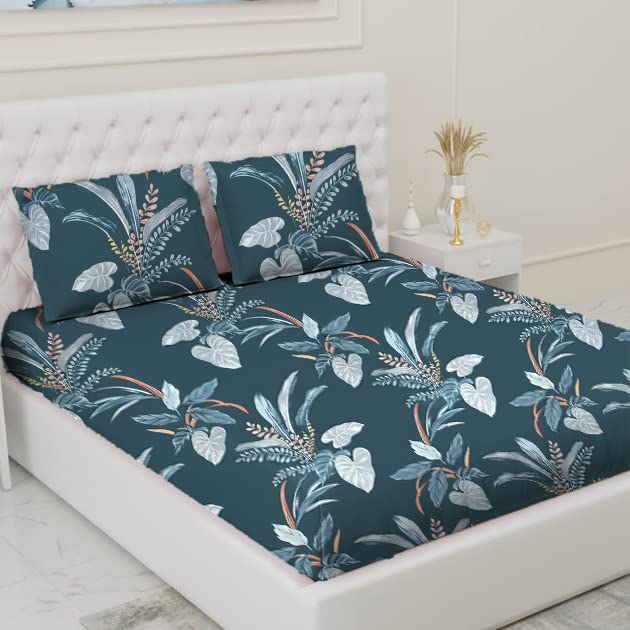 Rosepetal 180 TC, 100% Cotton Feel Flat Double Bedsheet with 2 Pillow Covers | 90x100inch | Tropical (Teal)