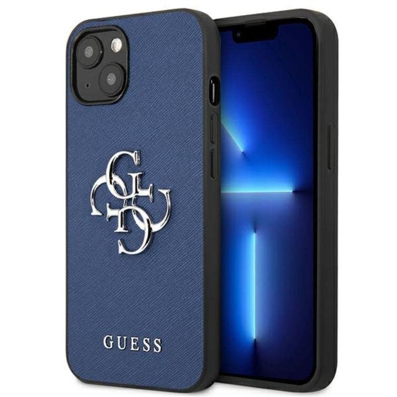 Guess GUHCP13SSA4GSBL Coque pour iPhone 13 Mini 5,4" avec Logo Saffiano 4G en métal Bleu