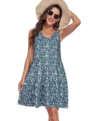 Image of Sundresses for Women Summer Sleeveless Tiered Swing V Neck Tank Dress | 2026 Casual Loose Tank Dress with Pockets, A-Line Flowy Beach Sun dress, Vacation Cruise Fashion Outfits