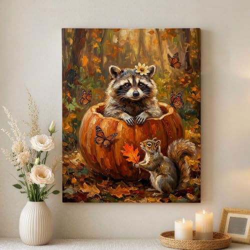 Lienzo decorativo de otoño con ardilla y mapache que llenará de vida tu hogar