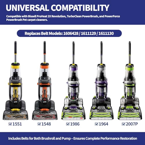 Image of Replacement Belt Set for Bissell ProHeat 2X Revolution Pet Pro Carpet Cleaner - Fits 1986,1548,1551,2007,1964,2007P - Replaces 1606428,1611129,1611130 - 3 Types: Flat,Brush & Gear Belts (3-Pack)