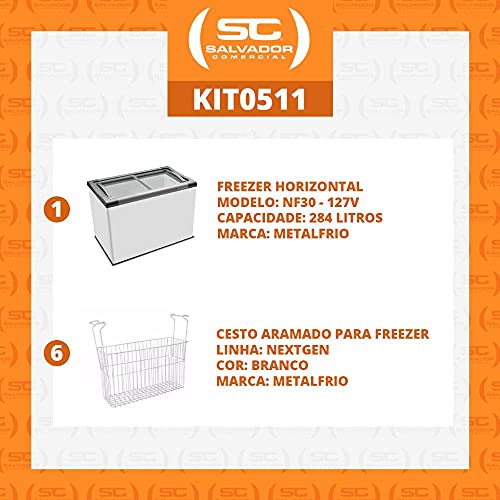 KIT - Freezer Horizontal Tampa de Vidro 284 litros Nf30 - Metalfrio 127v + 6 Cestos Nextgen Branco