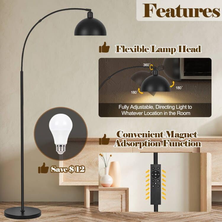 Miniatura 3 de ActualizadoLámparas de pie de arco negro para sala de estar, lámpara de pie arqueada regulable con control remoto y bombilla LED de 2700-6000K 9W