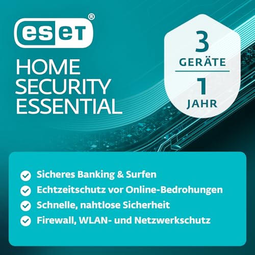 ESET HOME Security Essential 2026 | 3 Geräte | 1 Jahr | inklusive Firewall, Sicheres Banking & Surfen, Mikrofonkontrolle & Webcam-Schutz| Windows, macOS und Android | Aktivierungscode per E-Mail