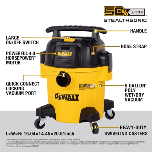 DEWALT Wet Dry Shop Vac 5 Gallon, STEALTHSONIC Ultra Quiet Shop Vacuum Wet and Dry 4 Peak HP, Powerful Suction Wet Dry Vacuum Cleaner, Portable Vacuum for Home, Garage, Workshop, Jobsite, DXV05P-QT by DEWALT - Image 6