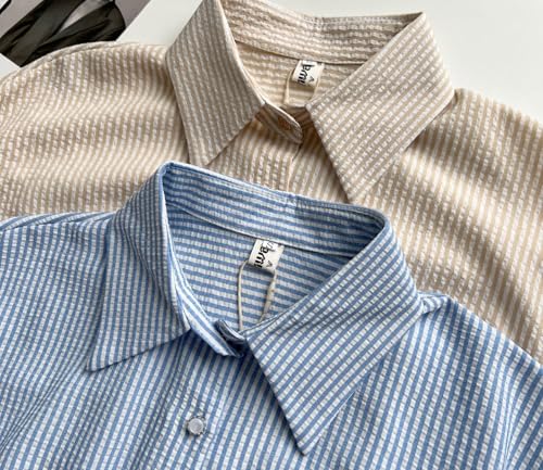 utcoco Women's 2025 Trendy Casual Striped Button Down Shirt Dress Elastic Waist Short Sleeve Midi Dress3