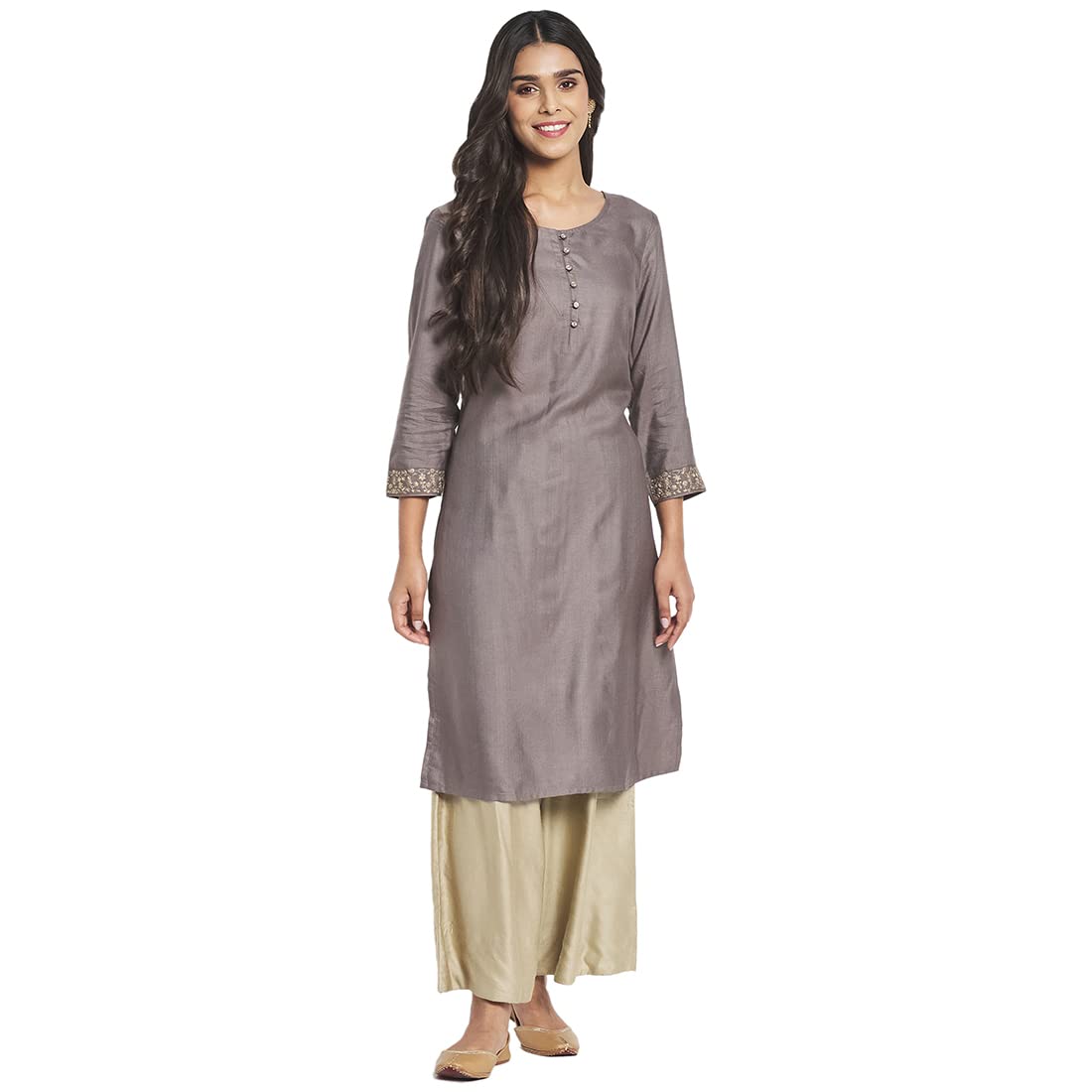 FabindiaWomen Viscose Silk Embroidered Knee Length Kurta Grey_L