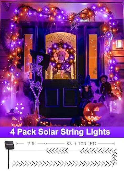 Minetom Halloween Solar Lights Outdoor - 4 Pack Total 160FT 400 LED Halloween String Lights with 8 Lighting Modes, IP65 Waterproof Solar String Lights for Outside Tree Party