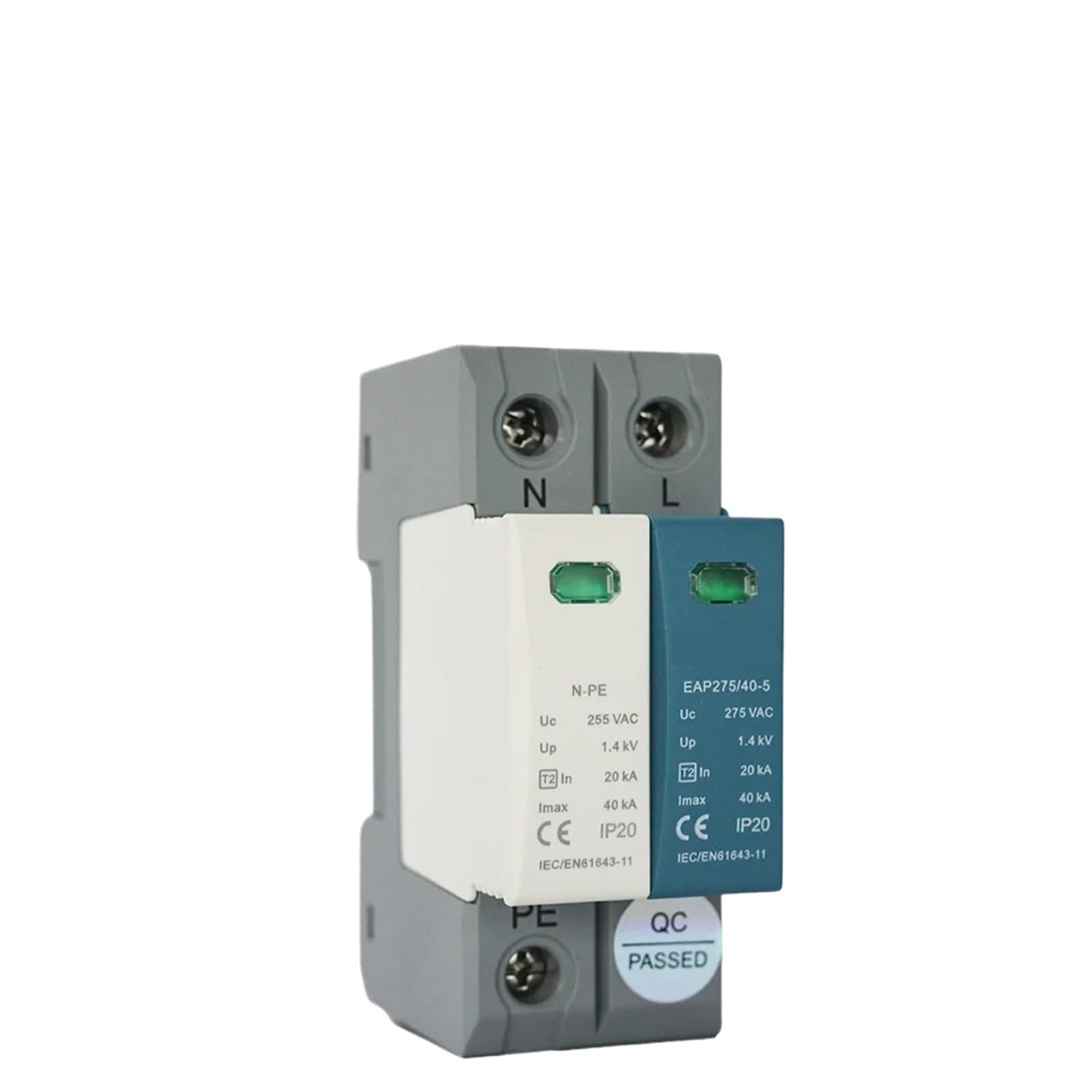 1+NPE ochrona przeciwprzepięciowa 20KA-40KA, AC 220V 230V AC 275V dom, ogranicznik montaż na szynie DIN (2 bieguny z RC)