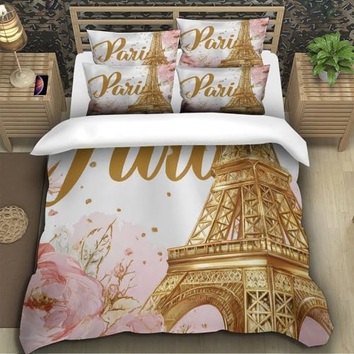 Parure de lit microfibre 140x200 Tour Eiffel or et florale - 5