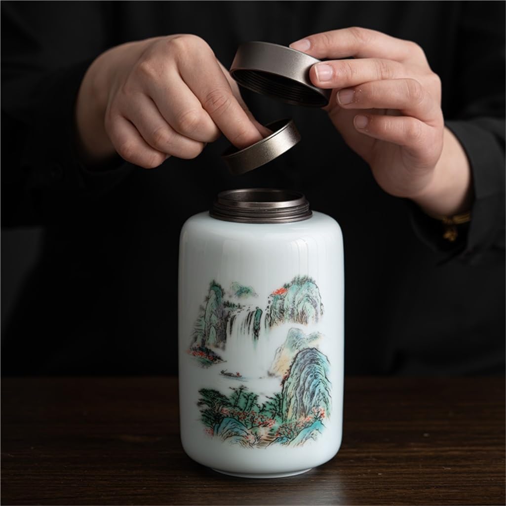 Lata de té Tanque de Almacenamiento té Grande cerámica con Pintura Tinta, Tanque Sellado en Espiral aleación, Caja Regalo Simple y Doble Carrito de té(Single Can Gift Box)