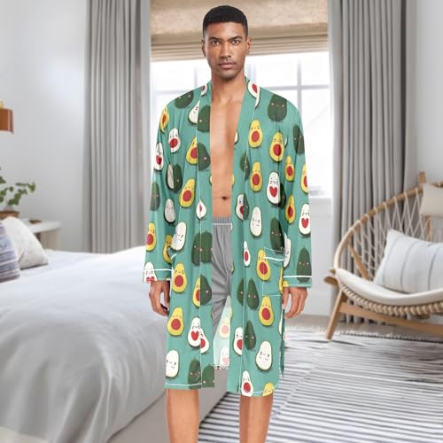 Long Sleeve Sleep Robes for Men-Avocado Cartoon, Lightweight Bathrobe with Belt Pockets M3
