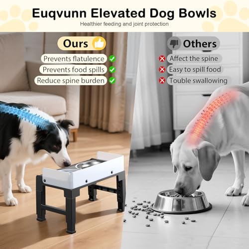 Euqvunn Hundenapf Erhöht, 6-stufig höhenverstellbar, 5° Neigung, Spritzschutz-Design, Futternapf Hund Erhöht mit Zwei 1000ml Edelstahl & Slow Feeder Hundenapf, für Kleine, Mittlere und Große Haustier