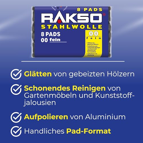 RAKSO Stahlwolle fein 00-8 Pads, glättet Hölzer, Reinigung Kunststoffjalousien, Gartenmöbel, Aluminium aufpolieren