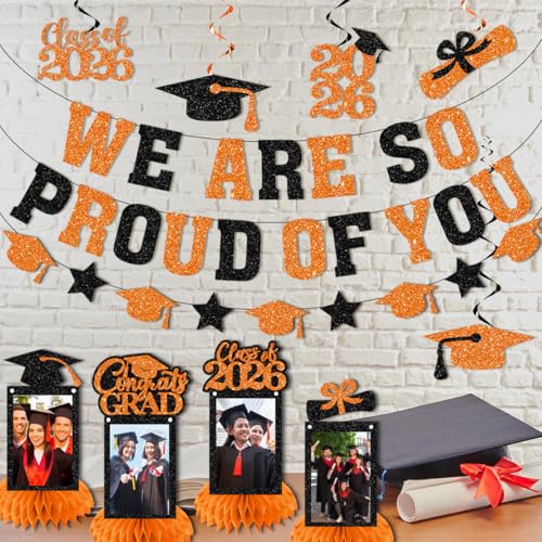 Image of Graduation Decorations 2026 - Orange Congrats Grad Party Supplies Include Glitter We are So Proud of You Banner, Hanging Swirls and Honeycomb Centerpieces for Photo Toppers