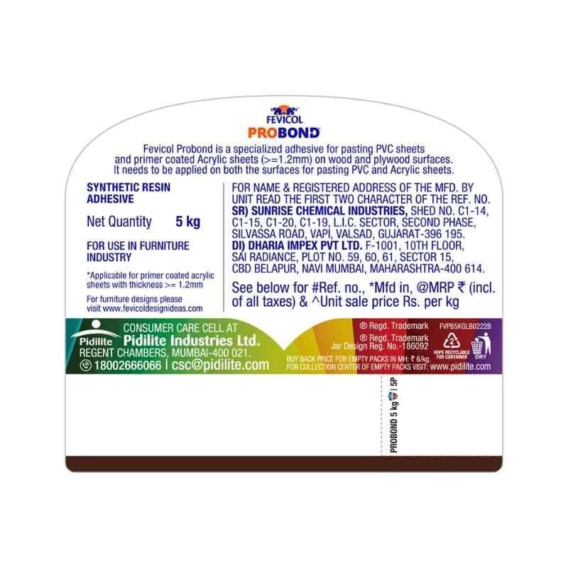 Image of Fevicol Probond - Special Adhesive for Acrylic and PVC sheets | Heat Resistant | Spreads easily |5Kg