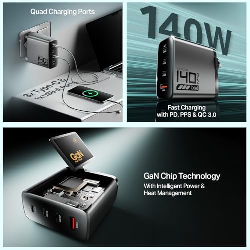 Image of boAt 140W GaN Charger with 140W Fast Charging, PD 3.1, PPS & QC 3.0 Support, 4 Charging Ports (3X Type-C & 1x USB-A), GaN Chip Technology, Smart Power Distribution, Compact & Lightweight (Ash Grey)