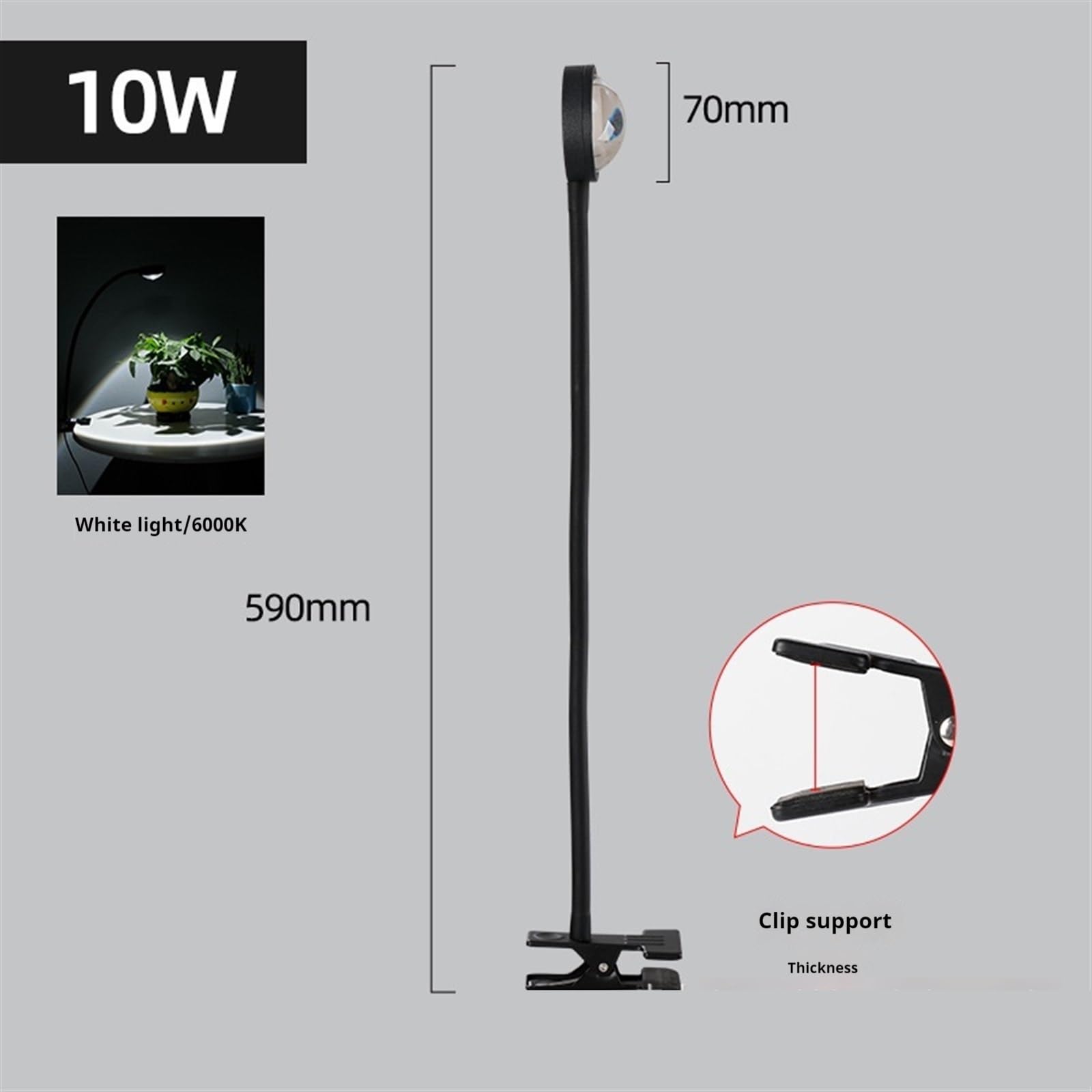 Lampes de culture for plantes d'intérieur, lampes LED à pince for pot fleurs for éclairage, spectre complet, petite plante, noir,Économie d'énergie(10W White【6000K】)
