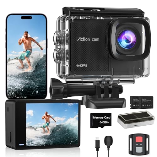 Cámara Deportiva 4K60FPS con Tarjeta 64GB,131FT Cámara Subacuática con 8X Zoom,48MP HD WiFi Videocámara 170° EIS Cámara de Acción,Camara Acuatica Sumergible con Mando a Distancia,2 * 1350mAh Baterías