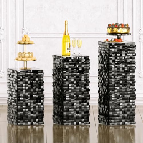 Qcity Black Shimmer Panels Pedestal Stands for Party Set of 3, Square Sequin Shimmer Display Stands, Perfect for Outdoor Events, Birthdays, Wedding and Party Decoration